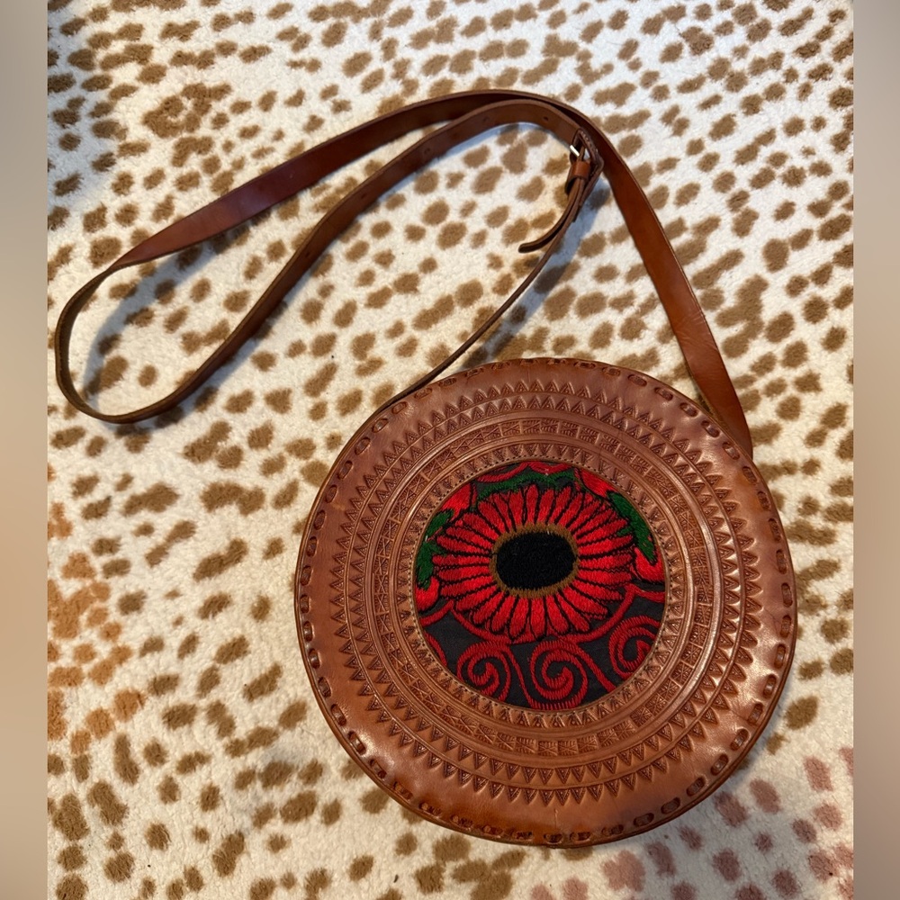 Brown Leather Crossbody Bag w/ embroidery flower